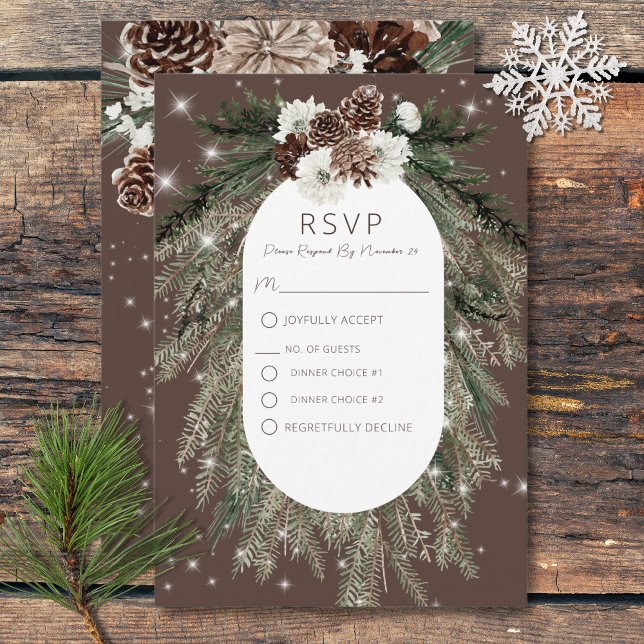 Rustikales Kakao Pine Winter Sparkone Zwei Abendes RSVP Karte (Rustic Cocoa Pine Winter Sparkle Wedding RSVP Card)