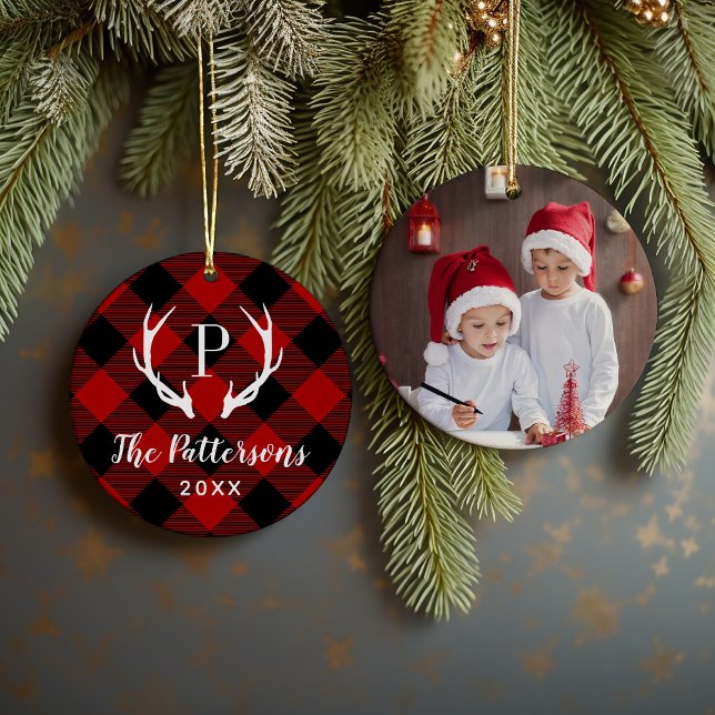 Rustikales Kariert Antler Monogram Custom Foto Keramik Ornament (Von Creator hochgeladen)
