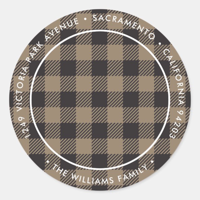 Rustikales Kariertes Foto Weihnachten Rücksendeadr Runder Aufkleber (Vorderseite)