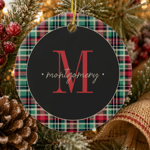 Rustikales Karo-Weihnachten Rot Grün Monogramm Keramik Ornament