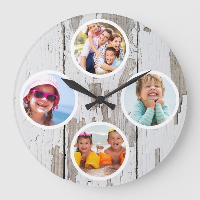Rustikales Keepake Family Multi-Foto Große Wanduhr (Vorderseite)
