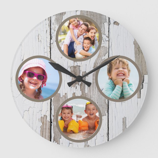 Rustikales Keepake Family Multi-Foto Große Wanduhr (Vorderseite)