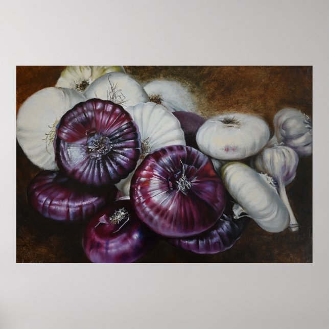 Rustikales Knoblauch- und Zwiebel-Stillleben – Fin Poster (Vorne)