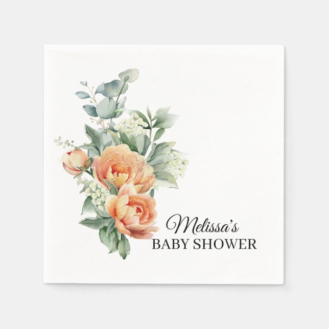 Rustikales Korallenpfirsichpapier Blume Grünpapier Serviette (Vorderseite)