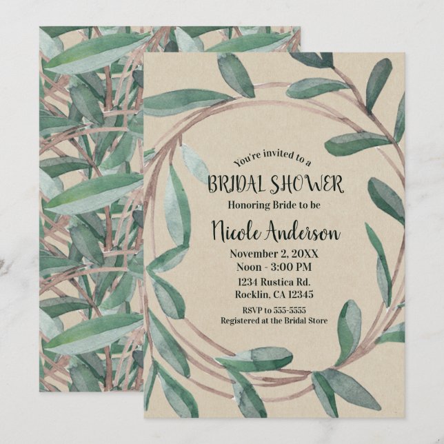 Rustikales Kraft Botanisches Krängungsleaf-Brautpa Einladung (Vorne/Hinten)