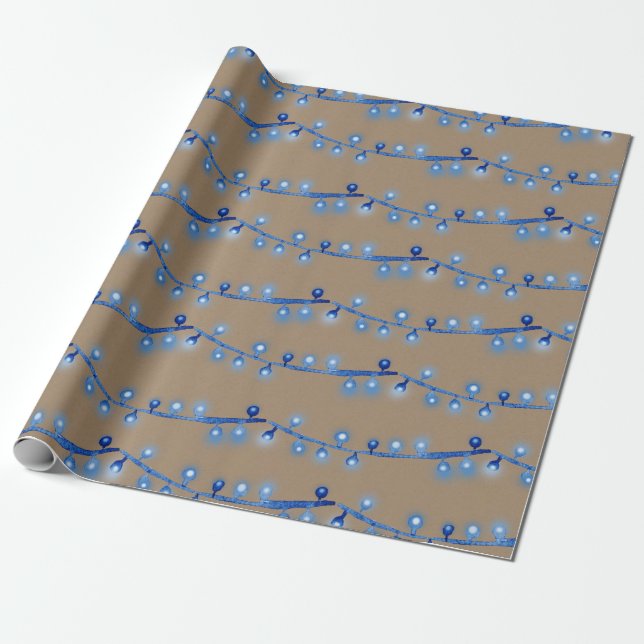 Rustikales Kraft Bright Blue Christmas String Ligh Geschenkpapier (Ungerollt)