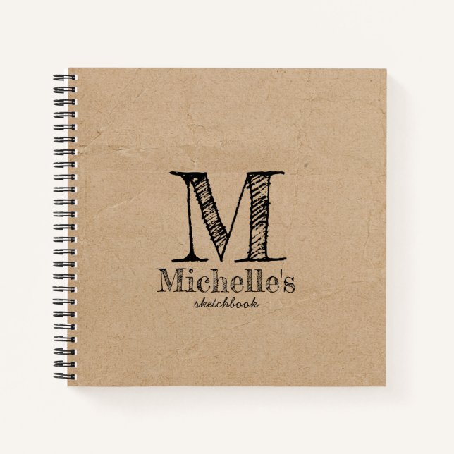 Rustikales Kraft Brown Paper Look Monogram Sketchb Notizbuch (Vorderseite)