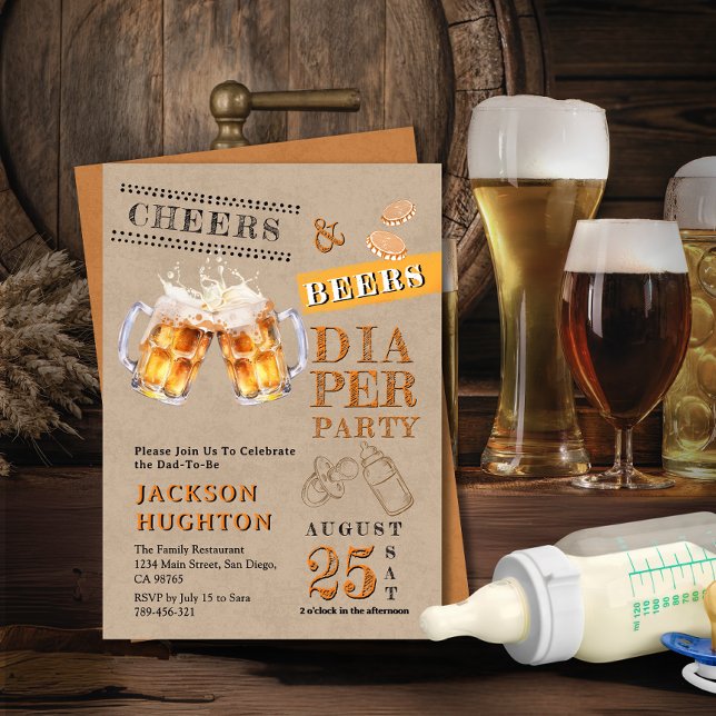 Rustikales Kraft Cheers & Biers Diaper Party Einladung (Rustic Kraft Cheers & Beers Diaper Party Invitation)