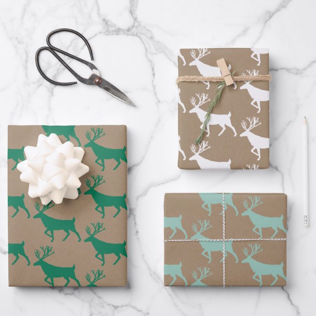 Rustikales Kraft Green White Woodland Stag Geschenkpapier Set (Vorderseite)