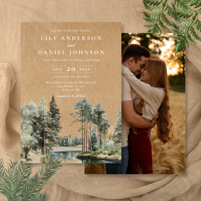 Rustikales Kraft Lake Forest Woodland Foto Hochzei Einladung (Rustic Kraft Lake Forest Woodland Photo Wedding Invitation)