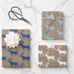 Rustikales Kraft Navy Sky Blue White Woodland Stag Geschenkpapier Set