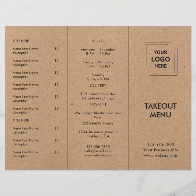 Rustikales Kraft-Restaurant-Abholmenü-Design (Vorderseite)