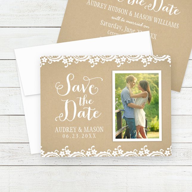 Rustikales Kraft- und Spitzen-HochzeitsFoto Save The Date (Von Creator hochgeladen)