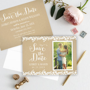 Rustikales Kraft- und Spitzen-HochzeitsFoto Save The Date