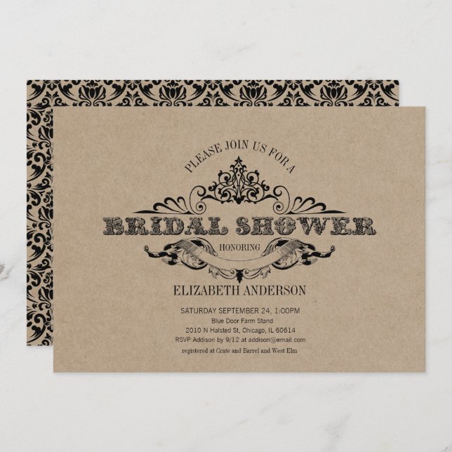 Rustikales Kraft-Vintag-Rahmen-Brautparty Einladung (Vorne/Hinten)