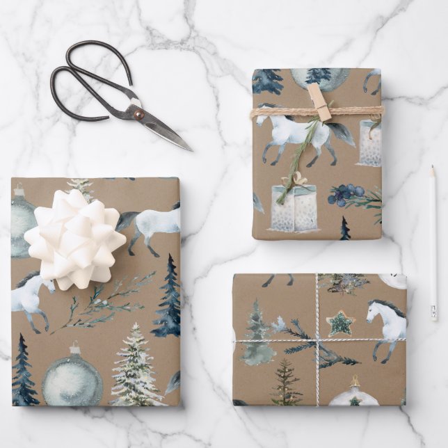 Rustikales Kraft Winter White Horse & Blue Spruce  Geschenkpapier Set (Vorderseite)