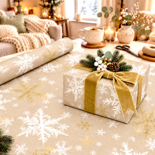 Rustikales Kraft Winterweiß & Goldene Schneeflocke Geschenkpapier