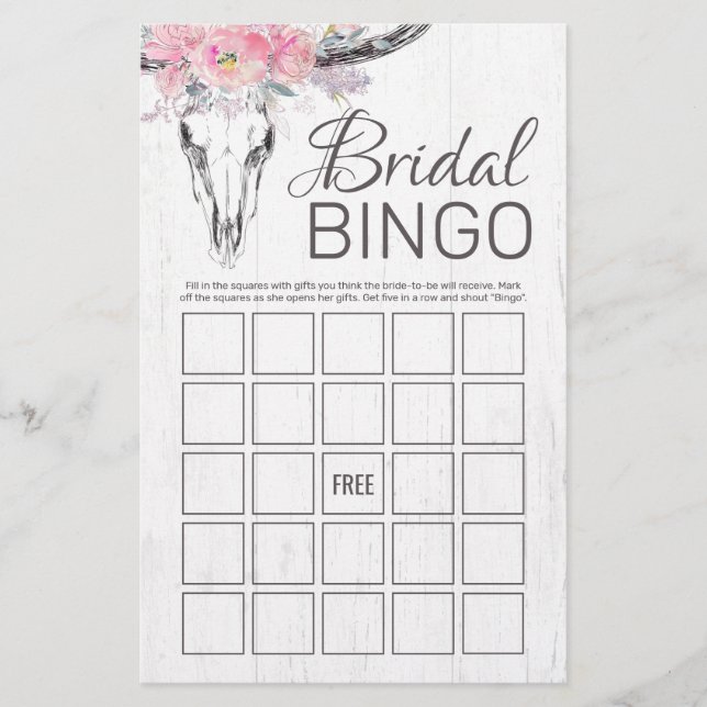 Rustikales Kuh Skull Boho Floral Bridal Bingo Spie (Vorderseite)