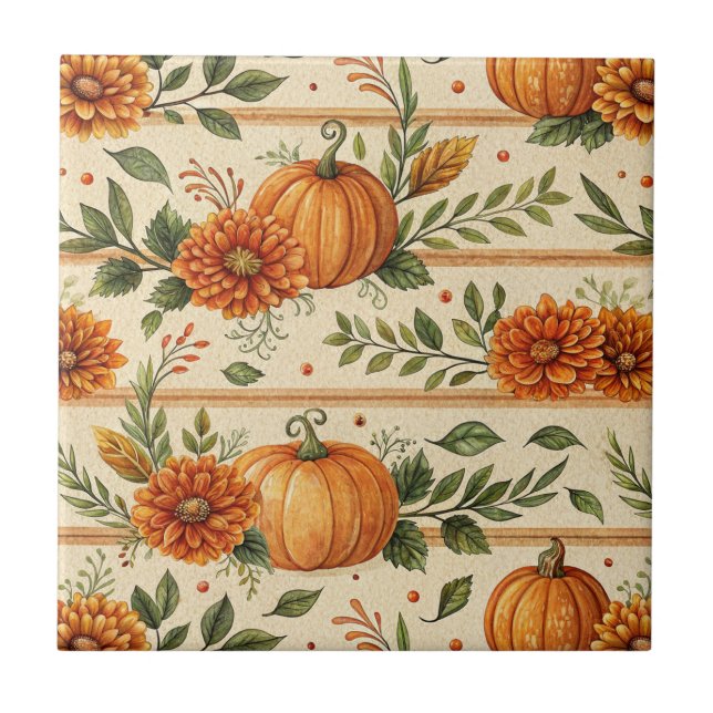 Rustikales Kürbis- und Chrysanthemen-Herbstmuster Fliese (Vorderseite)