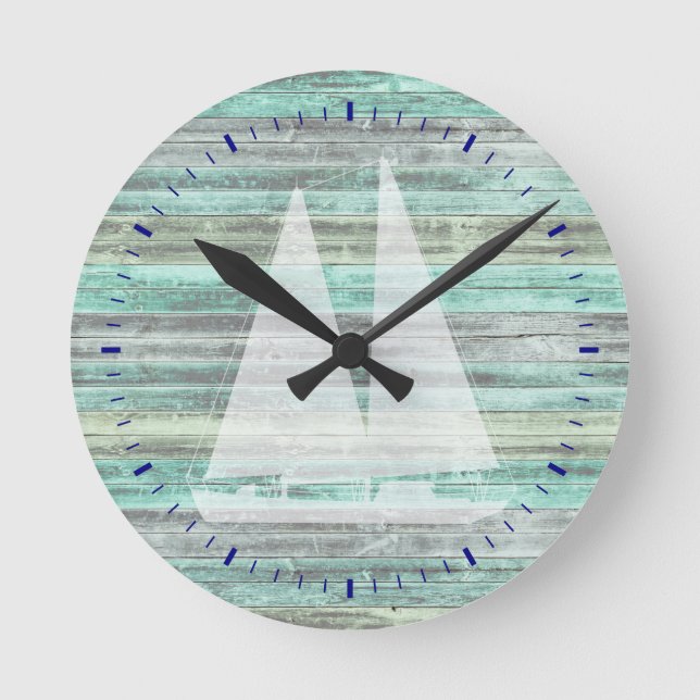 Rustikales Küstendekor Segelboot Runde Wanduhr (Vorderseite)