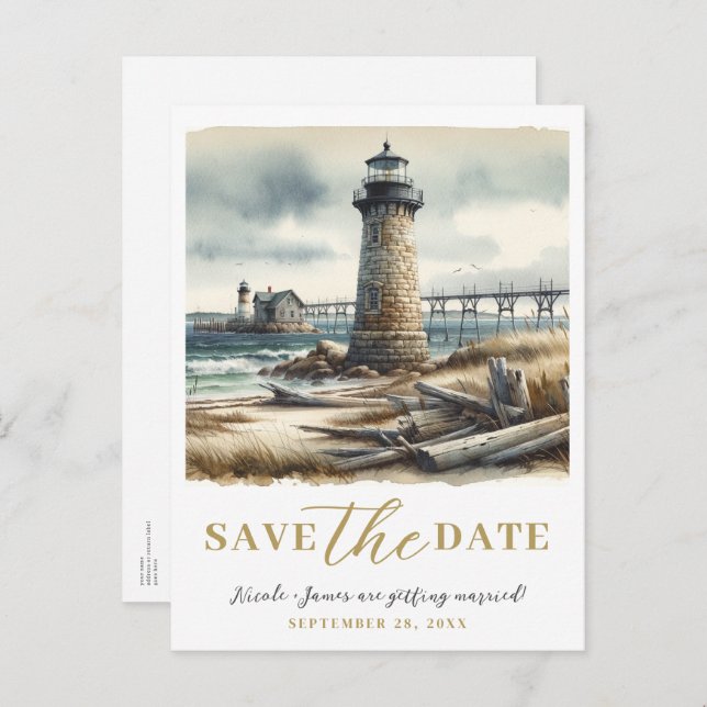 Rustikales KüstenLeuchtturm Save the Date Ankündigungspostkarte (Vorne/Hinten)