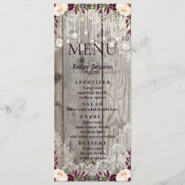 Rustikales Lace Jar Wood & String Lights Hochzeitm Menükarte