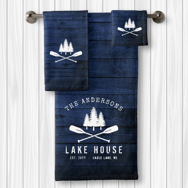 Rustikales Lake House Boat Oars Trees Blue Wood Pr Badhandtuch Set (Von Creator hochgeladen)