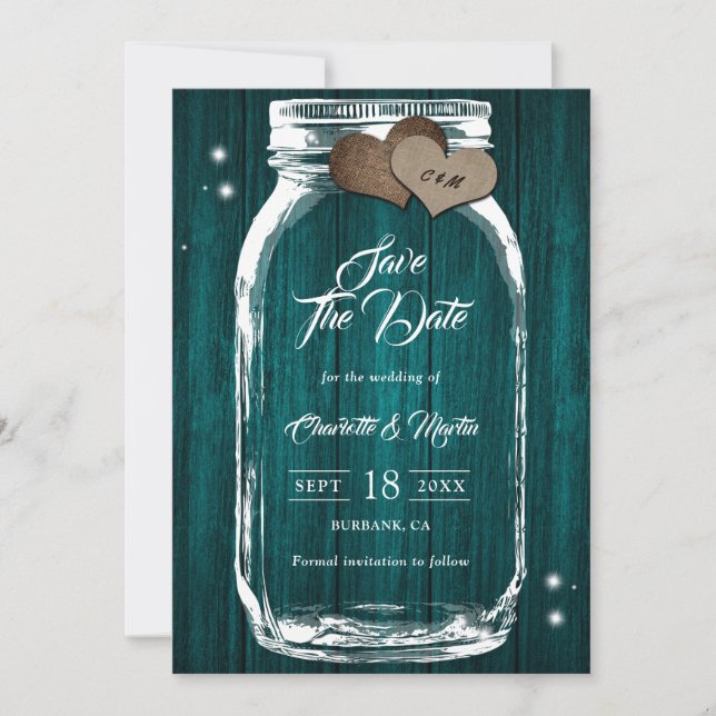 Rustikales Land Aquamarin Wood Hearts Mason Jar We Save The Date (Vorderseite)