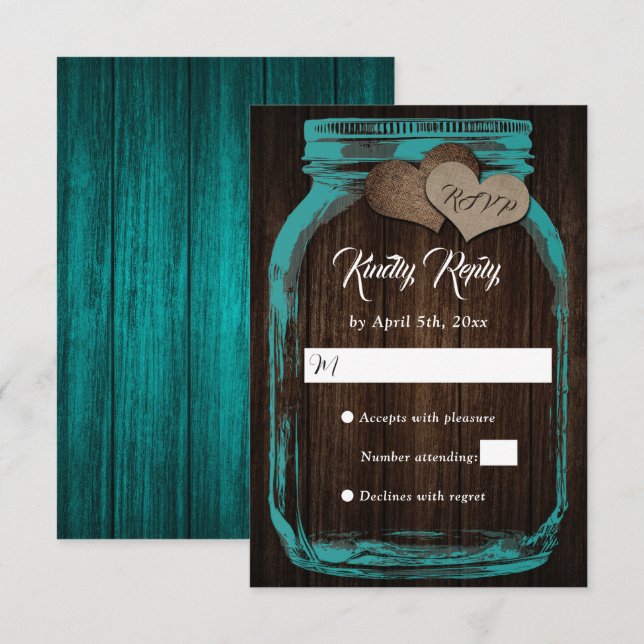 Rustikales Land Aquamarine Holzmason Jar Wedding R RSVP Karte (Vorne/Hinten)