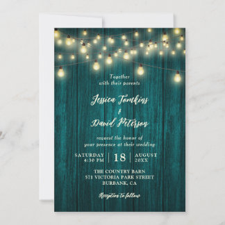 Rustikales Land, Aquamarine Holzsäulen Hochzeit Einladung