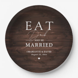 Rustikales Land Barn Wood essen Drink und Verheira Pappteller