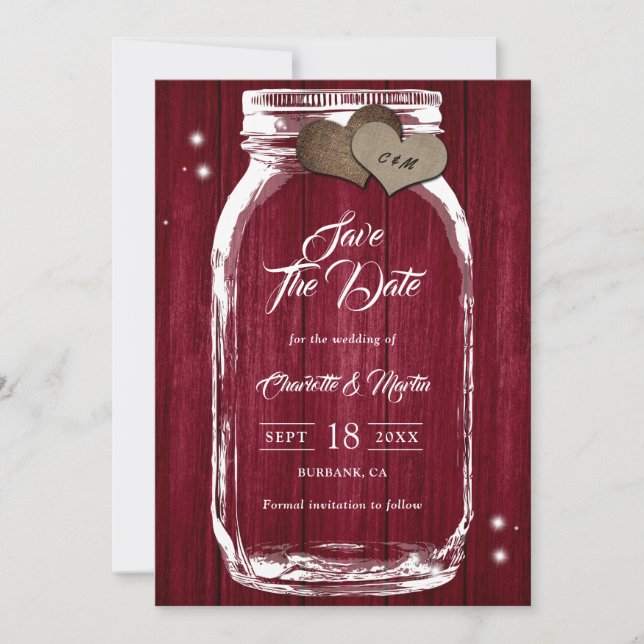 Rustikales Land Burgundy Wood Mason Jar Wedding Save The Date (Vorderseite)