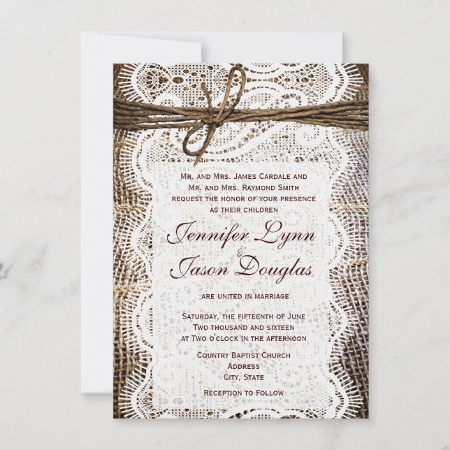 Rustikales Land Burlap Lace Ehe Einladung (Vorderseite)