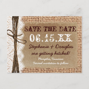 Rustikales Land Burlap Lace Save the Date Postkart Ankündigungspostkarte