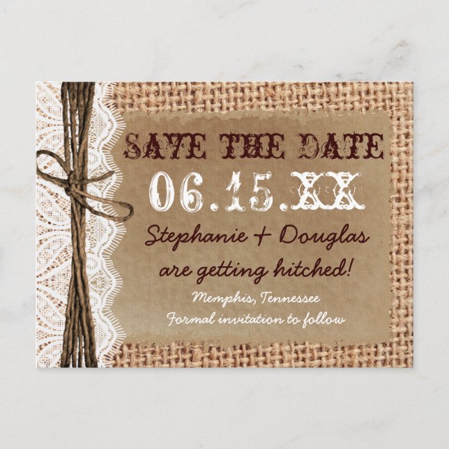 Rustikales Land Burlap Lace Save the Date Postkart Ankündigungspostkarte (Vorderseite)