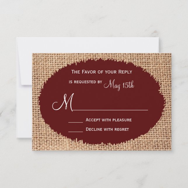 Rustikales Land Burlap Maroon Red Wedding RSVP (Vorderseite)