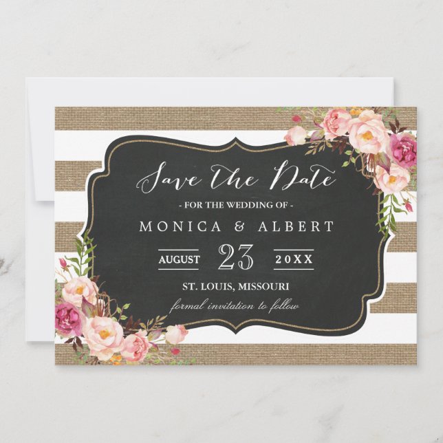 Rustikales Land Burlap Streifen Floral Save the Da Save The Date (Vorderseite)