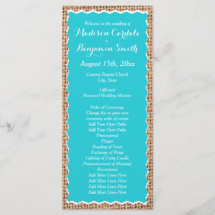 Rustikales Land Burlap Türkis Hochzeitsprogramm Programm