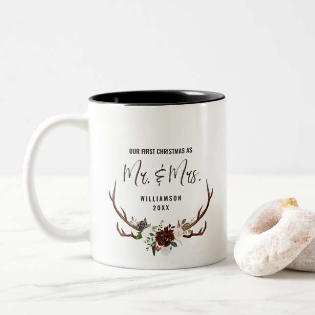Rustikales Land | Erste Weihnachten Herr & Frau Zweifarbige Tasse (Mit Donut)