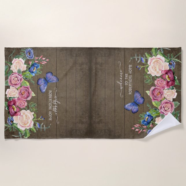 Rustikales Land Floral Watercolor Personalisiert N Strandtuch (Vorderseite)