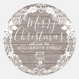 Rustikales Land frohe Weihnachten White Holly Wrea Runder Aufkleber