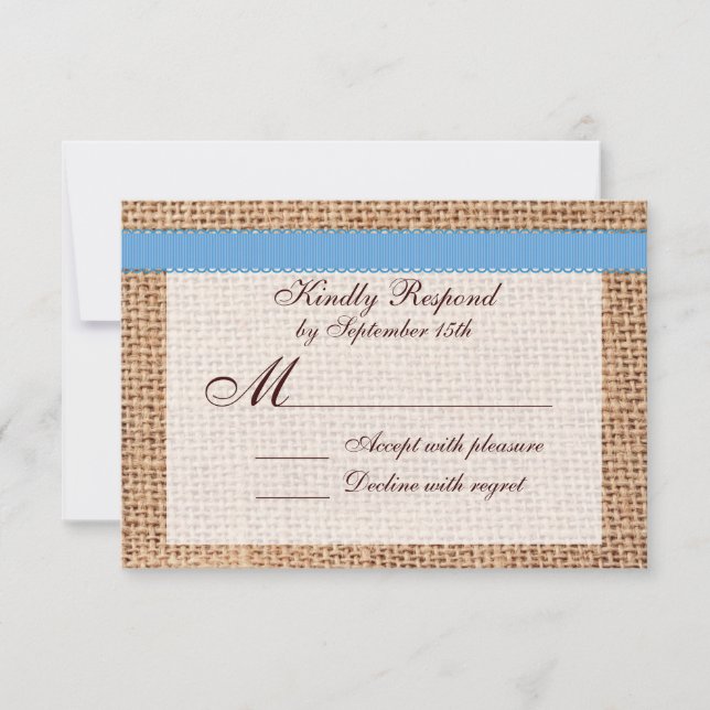 Rustikales Land gedruckt Burlap Blue Ribbon UAWG RSVP Karte (Vorderseite)