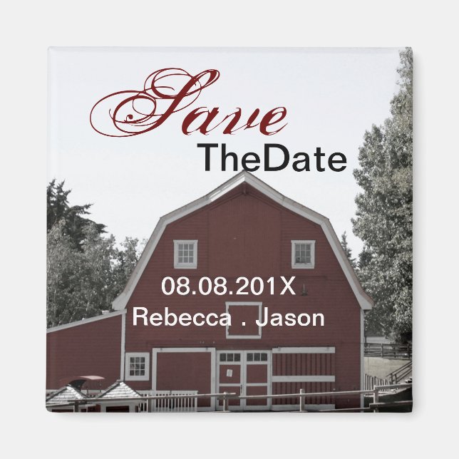 rustikales Land Hochzeit roten Stall Save the Date Magnet (Vorne)