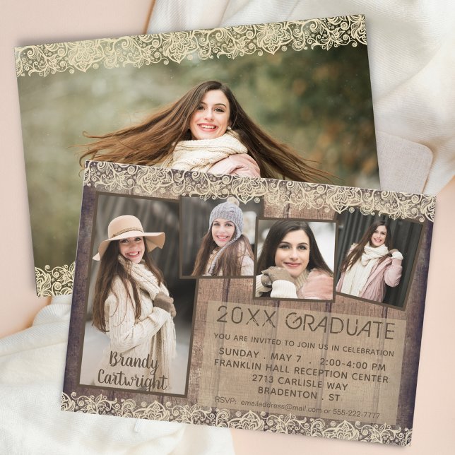 Rustikales Land Holz Spitzen GRADUATE 5 Fotos Einladung (Von Creator hochgeladen)