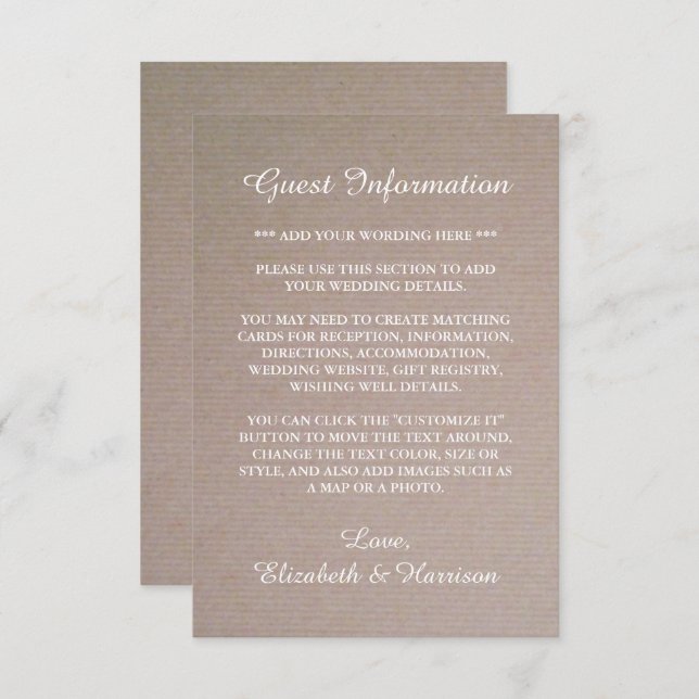 Rustikales Land Kraft Hochzeitsdetails Begleitkarte (Vorne/Hinten)