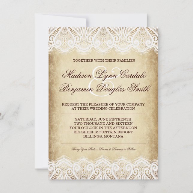 Rustikales Land-lädt Vintage Papierspitze-Hochzeit Einladung (Vorderseite)