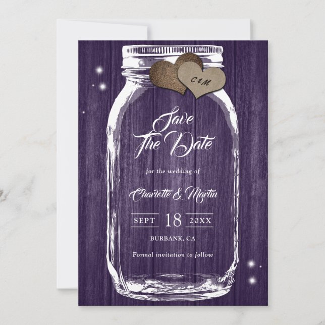 Rustikales Land Lila Holz Mason Jar Wedding Save The Date (Vorderseite)