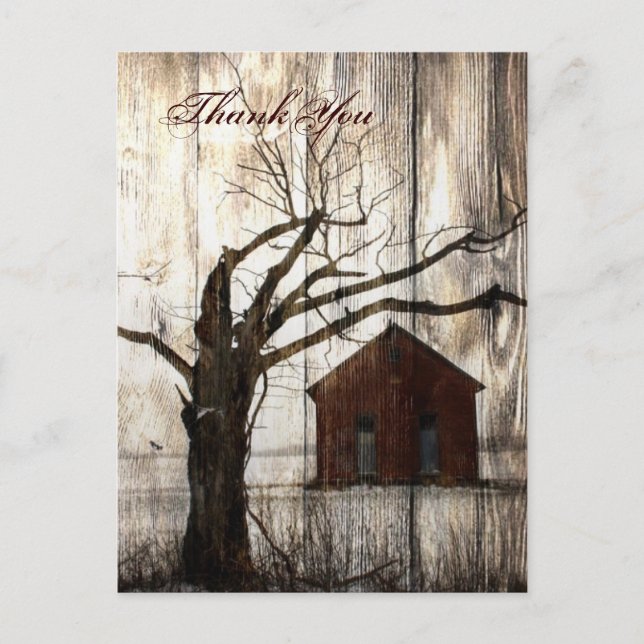 Rustikales Land Red Barn Winter Wedding danke Postkarte (Vorderseite)