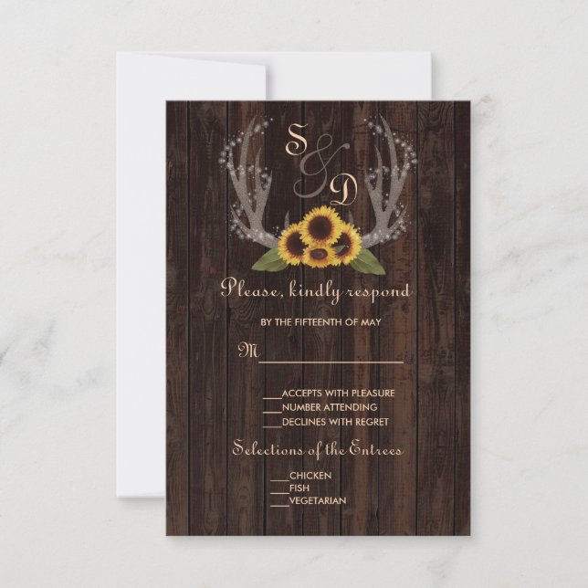 Rustikales Land Sonnenblumen Antlers Wedding RSVP Karte (Vorderseite)