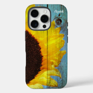 Rustikales Land Sonnenblumen Aquamarines Holz Pers iPhone 16 Pro Hülle